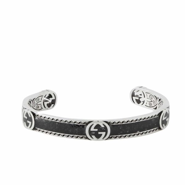 GUCCI CUFF BRACELET INTERLOCKING GG STERLING SILVER BLACK ENAMEL
