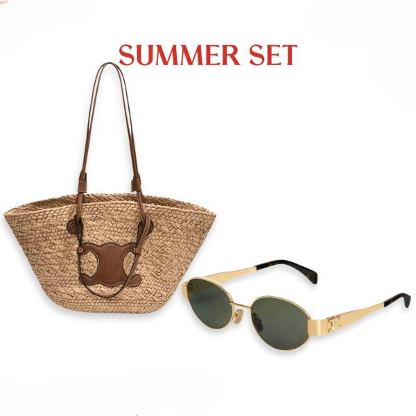SUMMER SET: CELINE TRIOMPHE PANIER IN RAFFIA AND CALFSKIN TAN & SUNGLASSES METAL OVALE GOLD