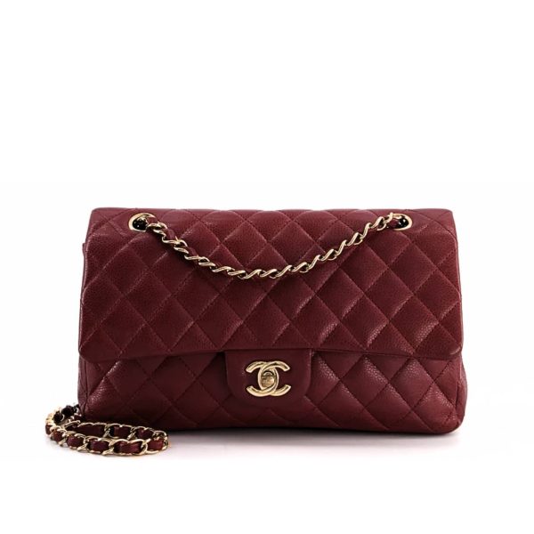 CHANEL MEDIUM CLASSIC DOUBLE FLAP BURGUNDY GOLD HARDWARE 25CM