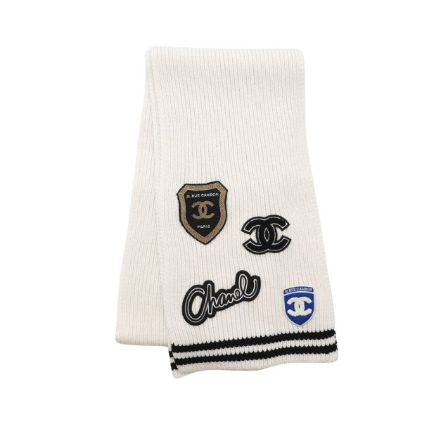 CHANEL 24B CASHMERE KNITTED BADGE SCARF WHITE 180CM