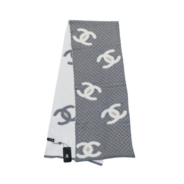 CHANEL SCARF INTERLOCKING CC LOGO GRAY AND WHITE 180CM